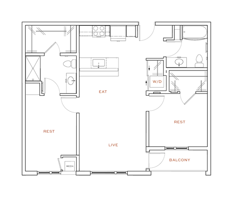 Floor plan for 2 beds, 2 baths, 974 sqft